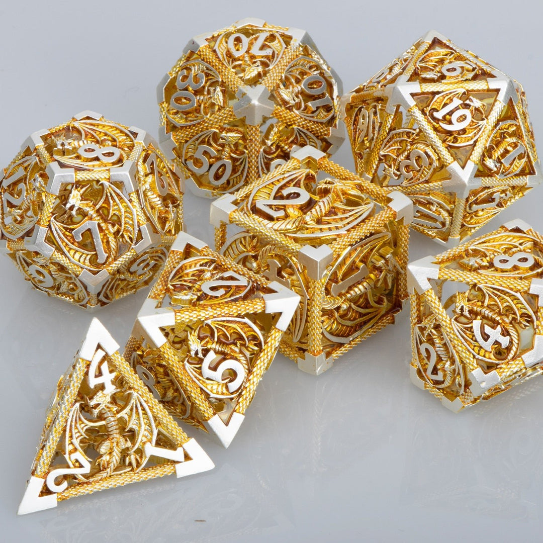 7pc DND Metal Dragon Hollow Dice Set D and D Role Playing Dice Dungeon and Dragon Metal D&D Dice 6 Sided Polyhedral Dice D20 D12 D10 D8 D6 - Madee's Boutique Madee's Boutique DS 10 sided dice 100 sided dice