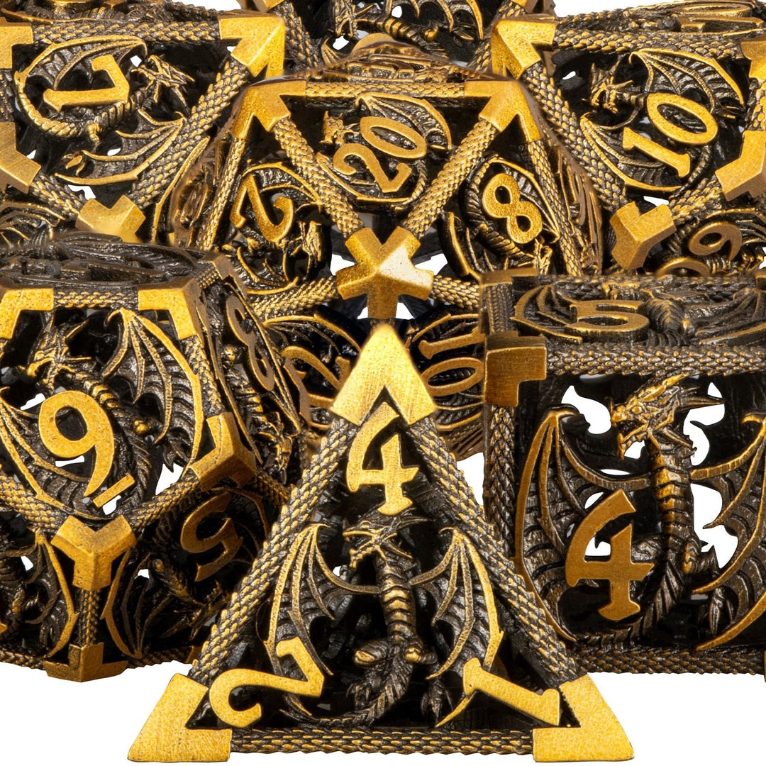 7pc DND Metal Dragon Hollow Dice Set D and D Role Playing Dice Dungeon and Dragon Metal D&D Dice 6 Sided Polyhedral Dice D20 D12 D10 D8 D6 - Madee's Boutique Madee's Boutique DS 10 sided dice 100 sided dice