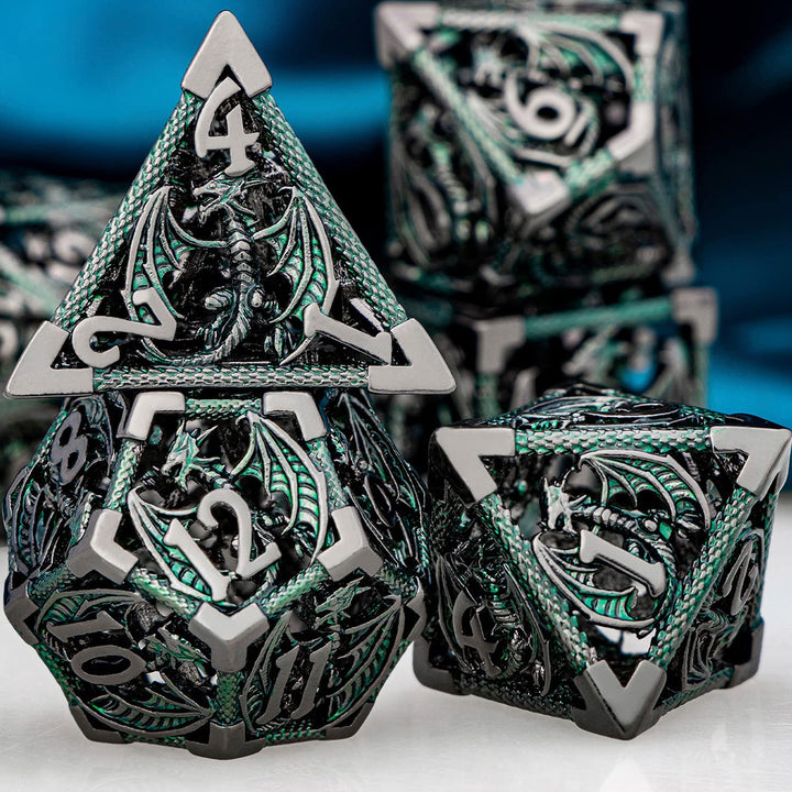 7pc DND Metal Dragon Hollow Dice Set D and D Role Playing Dice Dungeon and Dragon Metal D&D Dice 6 Sided Polyhedral Dice D20 D12 D10 D8 D6 - Madee's Boutique Madee's Boutique DS 10 sided dice 100 sided dice