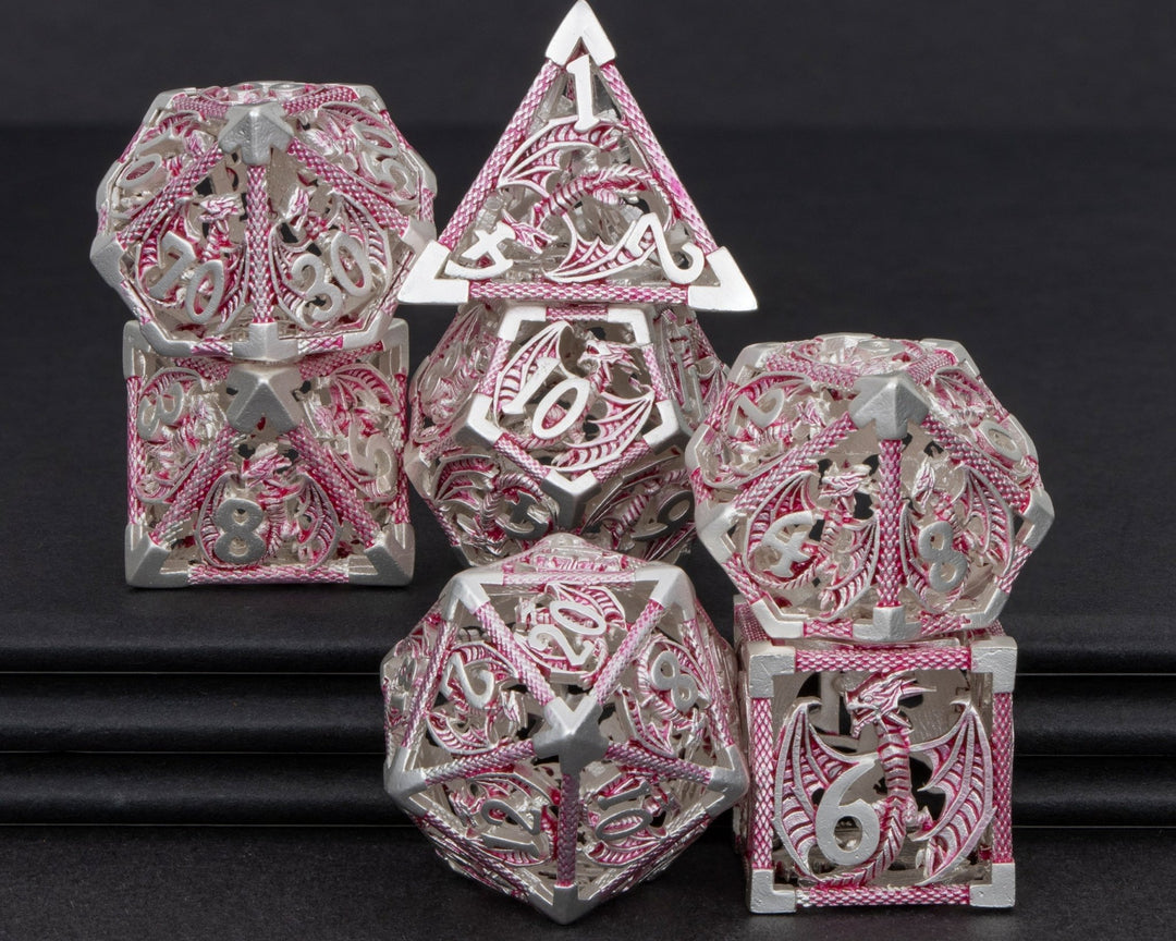 7pc DND Metal Dragon Hollow Dice Set D and D Role Playing Dice Dungeon and Dragon Metal D&D Dice 6 Sided Polyhedral Dice D20 D12 D10 D8 D6 - Madee's Boutique Madee's Boutique DS 10 sided dice 100 sided dice