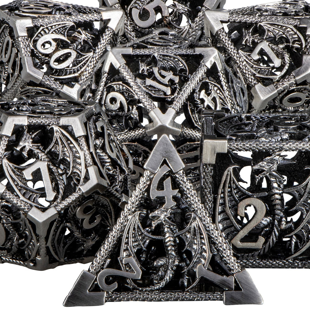 7pc DND Metal Dragon Hollow Dice Set D and D Role Playing Dice Dungeon and Dragon Metal D&D Dice 6 Sided Polyhedral Dice D20 D12 D10 D8 D6 - Madee's Boutique Madee's Boutique DS 10 sided dice 100 sided dice