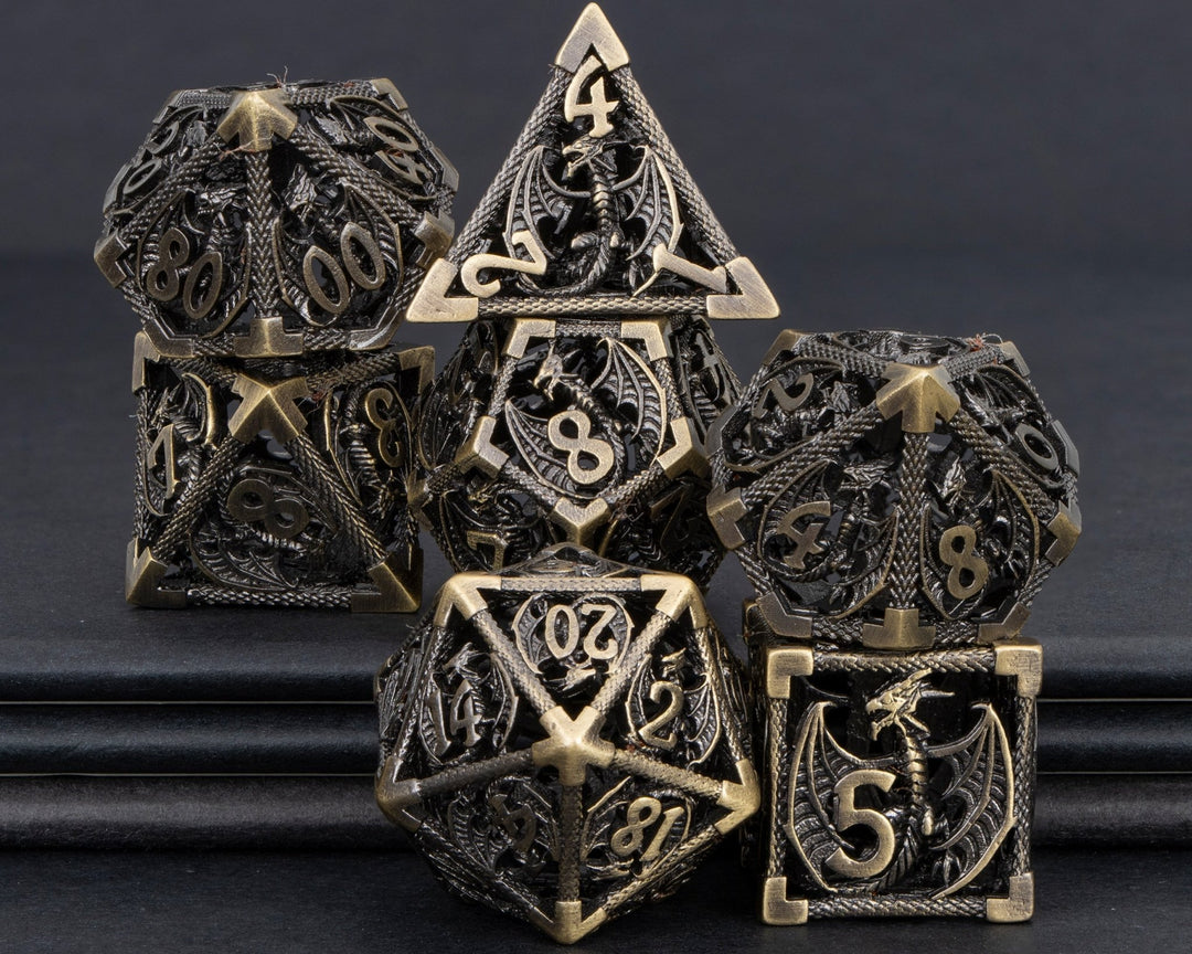 7pc DND Metal Dragon Hollow Dice Set D and D Role Playing Dice Dungeon and Dragon Metal D&D Dice 6 Sided Polyhedral Dice D20 D12 D10 D8 D6 - Madee's Boutique Madee's Boutique DS 10 sided dice 100 sided dice