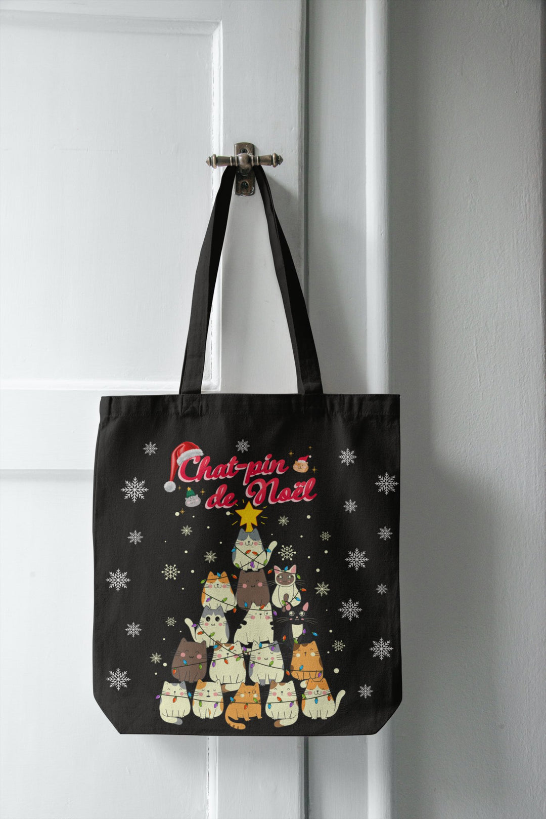 Christmas Tote Bag Chat-pin Noël - Madee's Boutique Bags Printify Accessories aesthetic bag