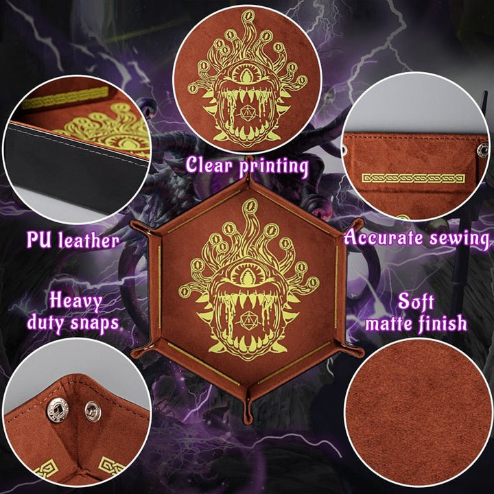 D&D Dice Tray PU Leather Hexagon Dice Holder Printed with Beholder Portable and Foldable Dice Rolling Mat - Madee's Boutique Madee's Boutique DS amazon com dice tray amazon dice rolling trayamazon dice trayDE09B
