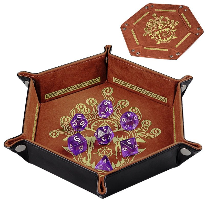 D&D Dice Tray PU Leather Hexagon Dice Holder Printed with Beholder Portable and Foldable Dice Rolling Mat - Madee's Boutique Madee's Boutique DS d & d d and d