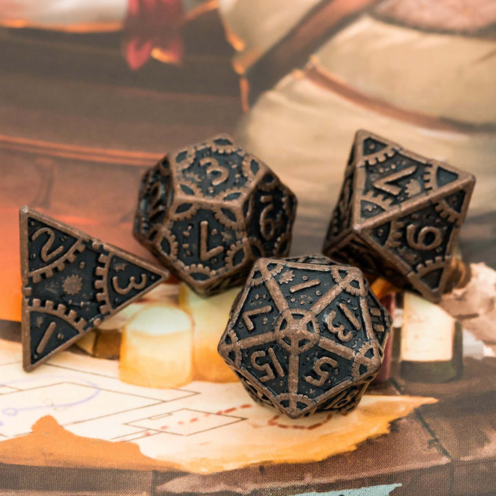 DnD 7pc Metal Dice Steampunk Style Polyhedral Dice Set for Dungeons and Dragons Role Playing Game Warhammer D6 D8 D10 D12 D20 Metal Gear Dice Set Rolling 20 Dungeons and Dragons Dice Collection - Madee's Boutique Madee's Boutique DS d & d d and d