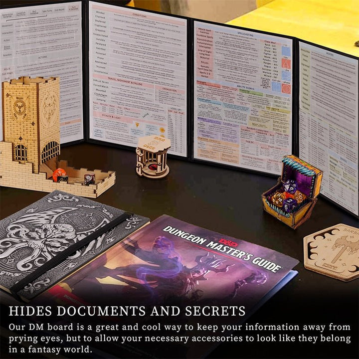 DND Dungeon Master Screen Faux Leather Embossed Dragon & Mimic, Four-Panel with Pockets DM Screen for Dungeons and Dragon - Madee's Boutique Madee's Boutique DS 5e dungeon master screen ad&d 1st edition dm screen