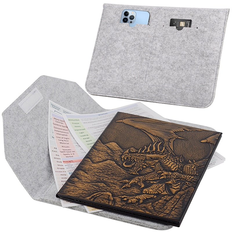 DND Dungeon Master Screen Faux Leather Embossed Dragon & Mimic, Four-Panel with Pockets DM Screen for Dungeons and Dragon - Madee's Boutique Madee's Boutique DS 5e dungeon master screen ad&d 1st edition dm screen