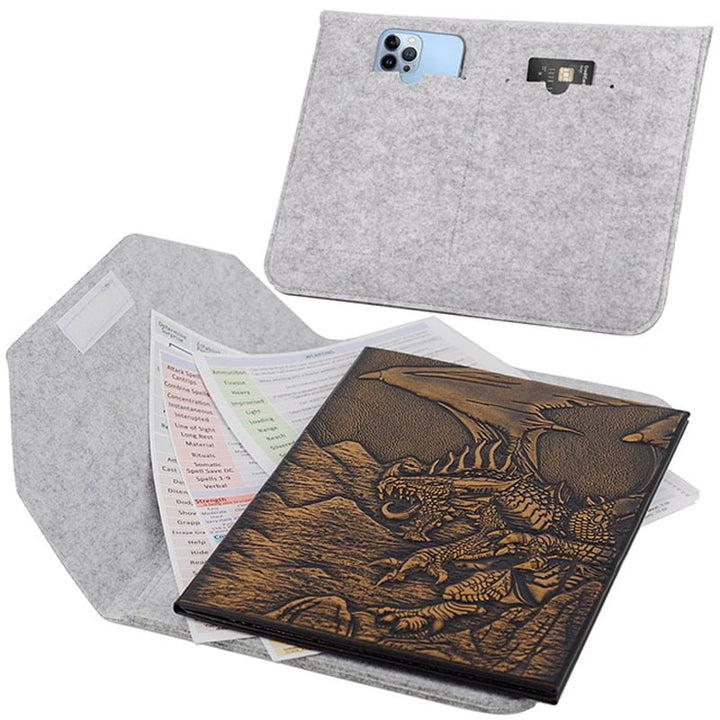 DND Dungeon Master Screen Faux Leather Embossed Dragon & Mimic, Four-Panel with Pockets DM Screen for Dungeons and Dragon - Madee's Boutique Madee's Boutique DS 5e dungeon master screen ad&d 1st edition dm screen
