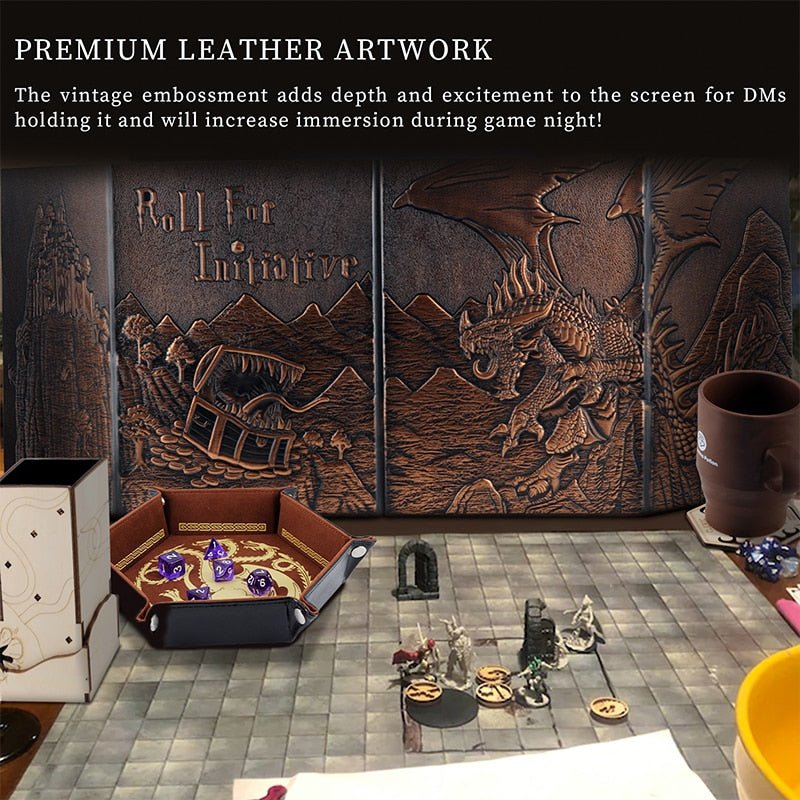 DND Dungeon Master Screen Faux Leather Embossed Dragon & Mimic, Four-Panel with Pockets DM Screen for Dungeons and Dragon - Madee's Boutique Madee's Boutique DS 5e dungeon master screen ad&d 1st edition dm screen