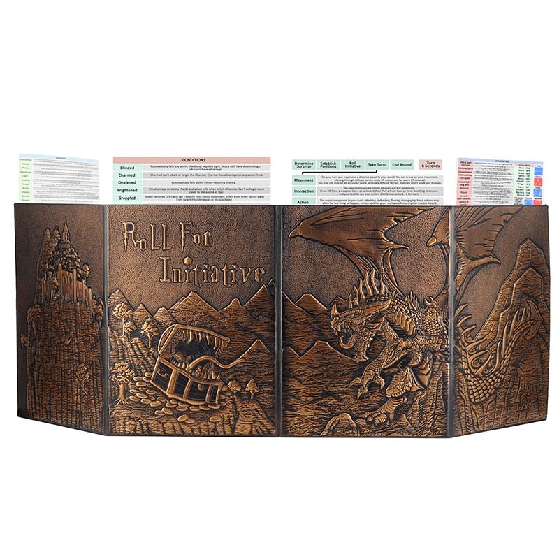 DND Dungeon Master Screen Faux Leather Embossed Dragon & Mimic, Four-Panel with Pockets DM Screen for Dungeons and Dragon - Madee's Boutique Madee's Boutique DS 5e dungeon master screen ad&d 1st edition dm screen