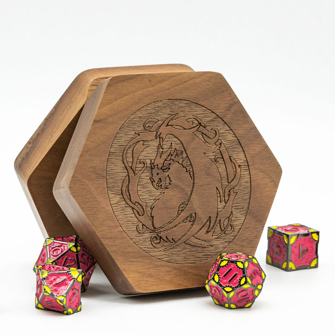 DND Hexagonal Wooden Dice Case with Magnetic Lid, D&D Dice Storage Box, for 1 Set of 16mm Dice - Madee's Boutique Madee's Boutique DS d & d d and d