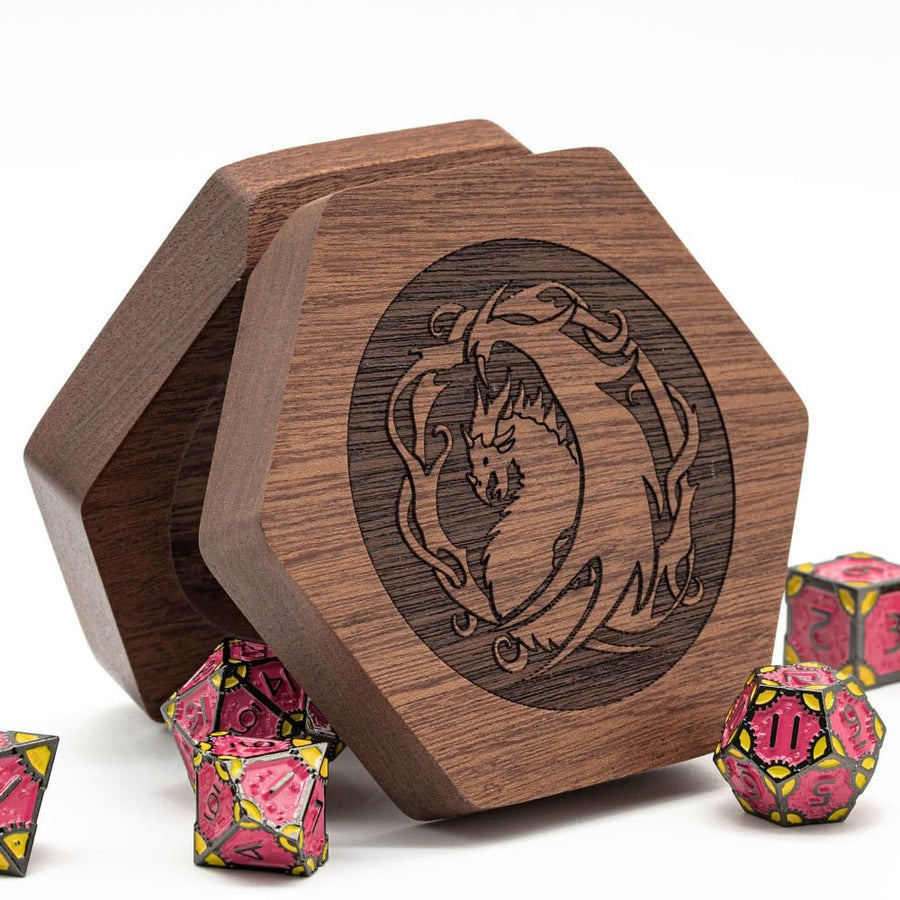 DND Hexagonal Wooden Dice Case with Magnetic Lid, D&D Dice Storage Box, for 1 Set of 16mm Dice - Madee's Boutique Madee's Boutique DS d & d d and d