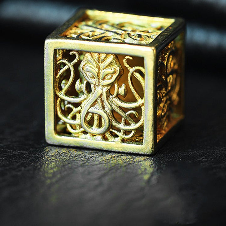 DnD Hollow Metal Brass High Detail Octopus 7pc Dice Set - Madee's Boutique Dice Accessories Madee's Boutique 10 sided dice 100 sided dice