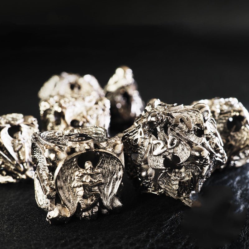 DnD Hollow Metal Brass Skulls & Knights 7pc Dice Set - Madee's Boutique Dice Accessories Madee's Boutique aluminum dnd dice aruohha