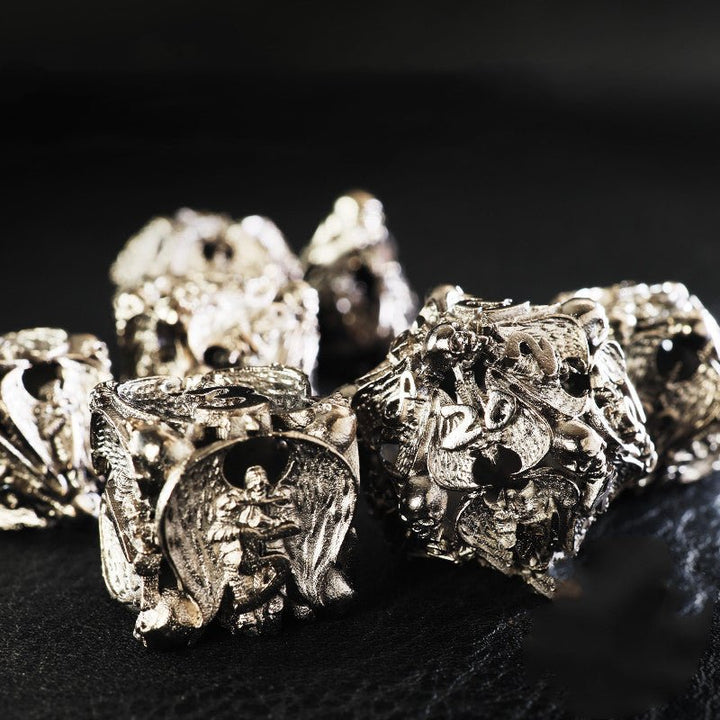 DnD Hollow Metal Brass Skulls & Knights 7pc Dice Set - Madee's Boutique Dice Accessories Madee's Boutique aluminum dnd dice aruohha