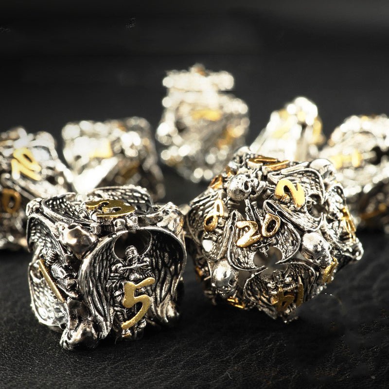 DnD Hollow Metal Brass Skulls & Knights 7pc Dice Set - Madee's Boutique Dice Accessories Madee's Boutique aluminum dnd dice aruohha