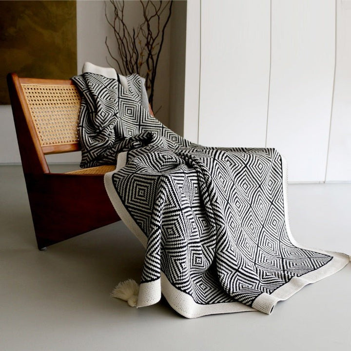 Retro Single Lunch Break Black And White Geometric Knit Blanket - Madee's Boutique Home Decor Madee's Boutique aesthetic blanket aesthetic gift