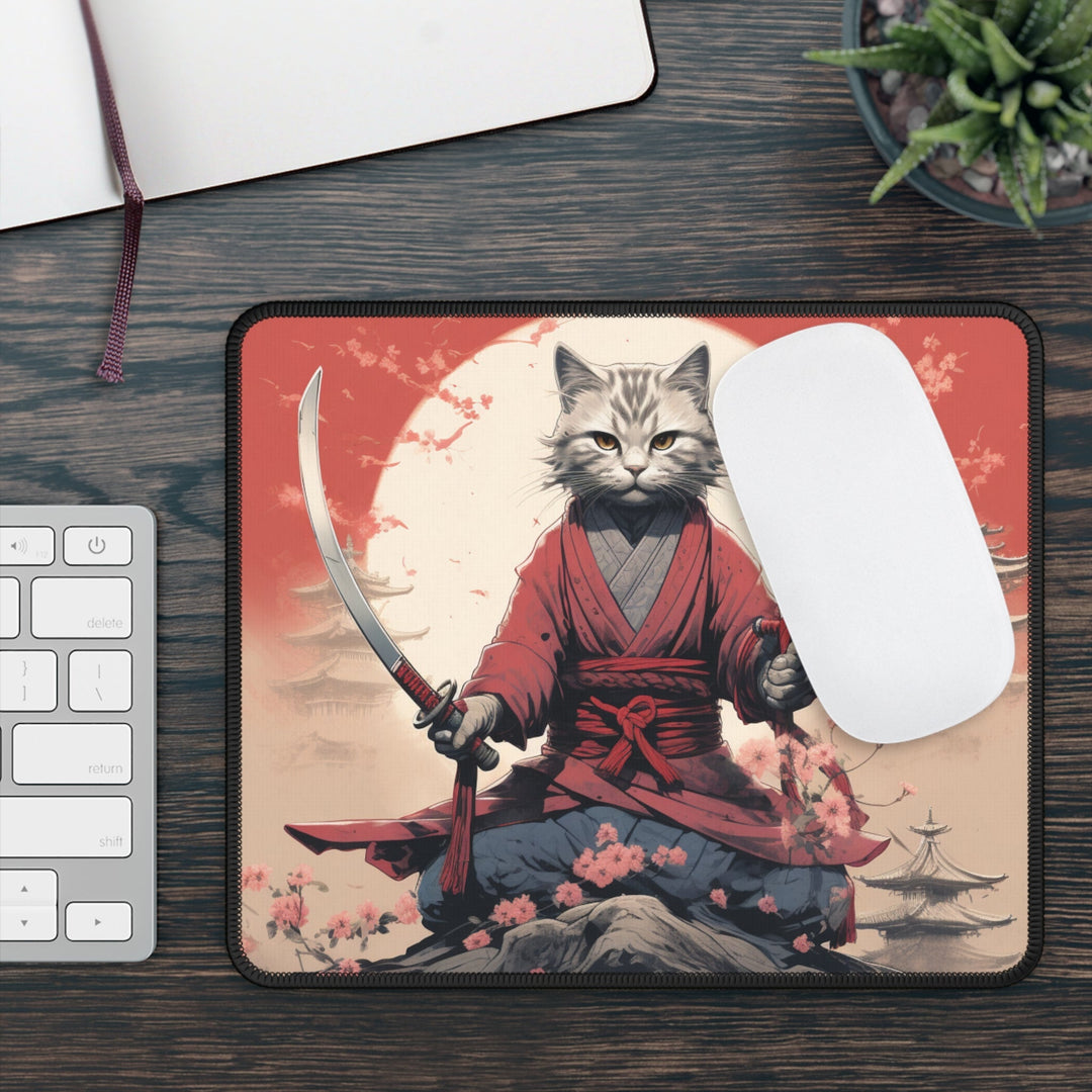 Serious Samourai Cat Gaming Mouse Pad MADEE'S EXCLUSIVES - Madee's Boutique Home Decor Printify Accessories animal lovers gift